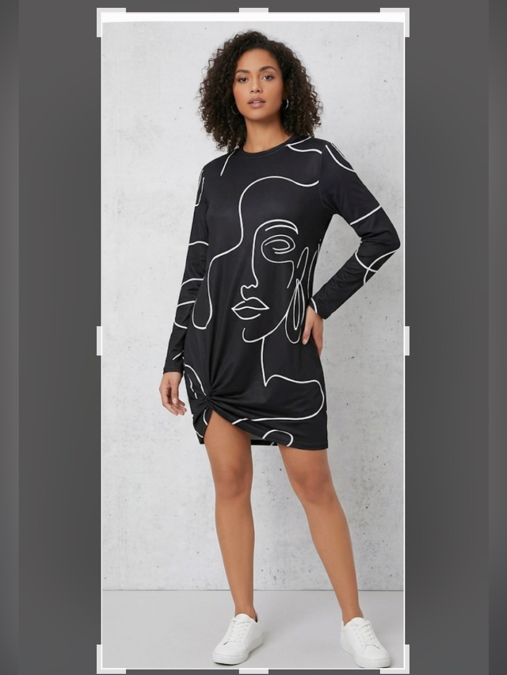 Abstract Line Art Face Print Long Sleeve Tee Shirt Dress Black White Size Large